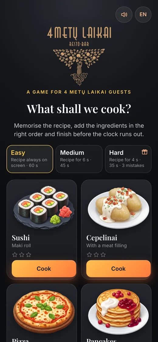 The game's menu: sushi, cepelinai, pizza and pancakes