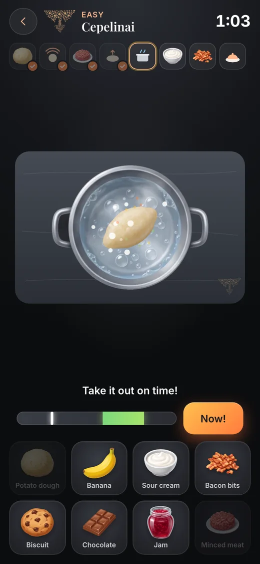Cooking: cepelinai in the pot, with a timing gauge