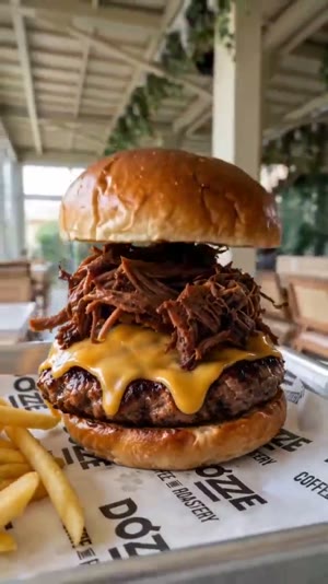 The burger comes together